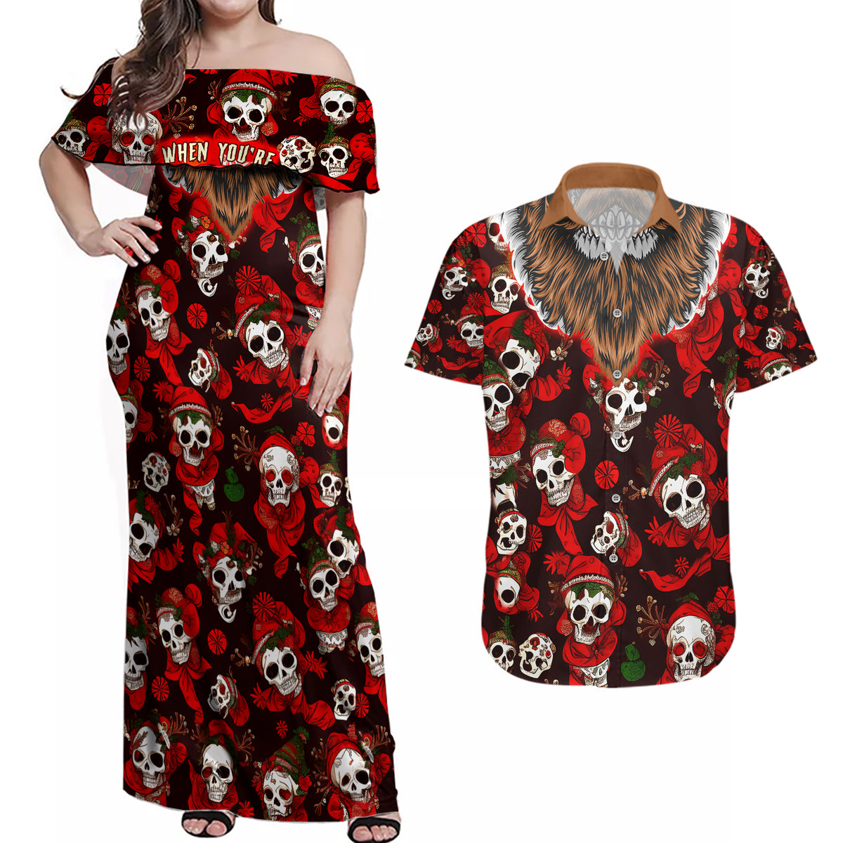 Christmas Skull Couples Matching Off Shoulder Maxi Dress and Hawaiian Shirt When You're Dead Inside But It's Christmas - Wonder Print Shop
