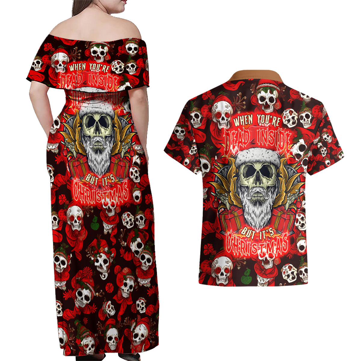 Christmas Skull Couples Matching Off Shoulder Maxi Dress and Hawaiian Shirt When You're Dead Inside But It's Christmas - Wonder Print Shop