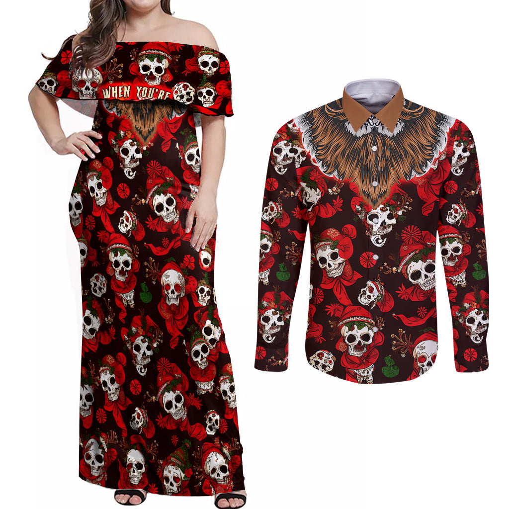 Christmas Skull Couples Matching Off Shoulder Maxi Dress and Long Sleeve Button Shirts When You're Dead Inside But It's Christmas - Wonder Print Shop