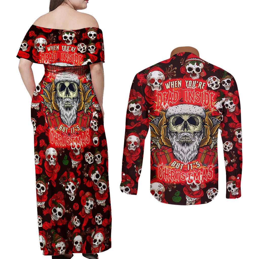 Christmas Skull Couples Matching Off Shoulder Maxi Dress and Long Sleeve Button Shirts When You're Dead Inside But It's Christmas - Wonder Print Shop