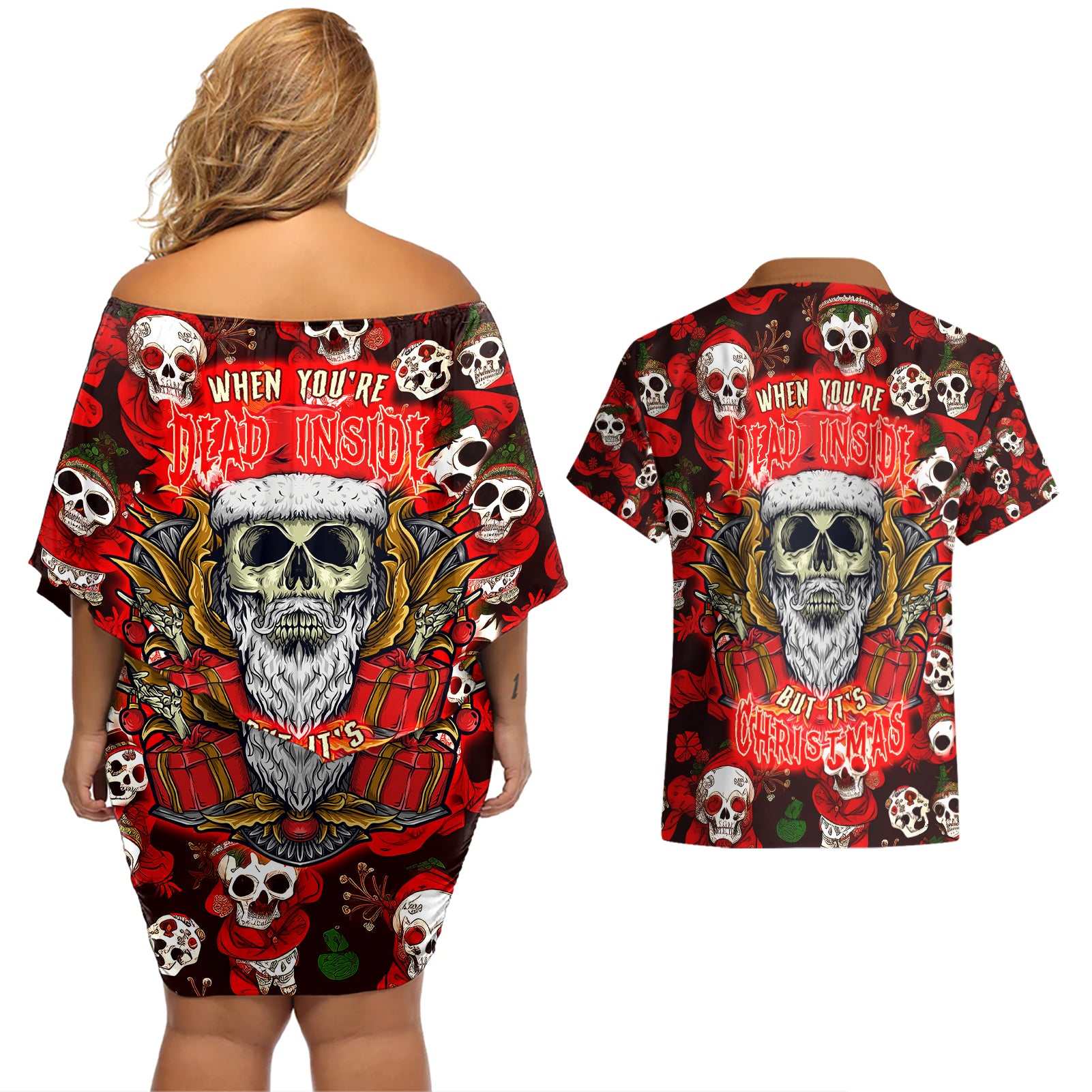 Christmas Skull Couples Matching Off Shoulder Short Dress and Hawaiian Shirt When You're Dead Inside But It's Christmas - Wonder Print Shop