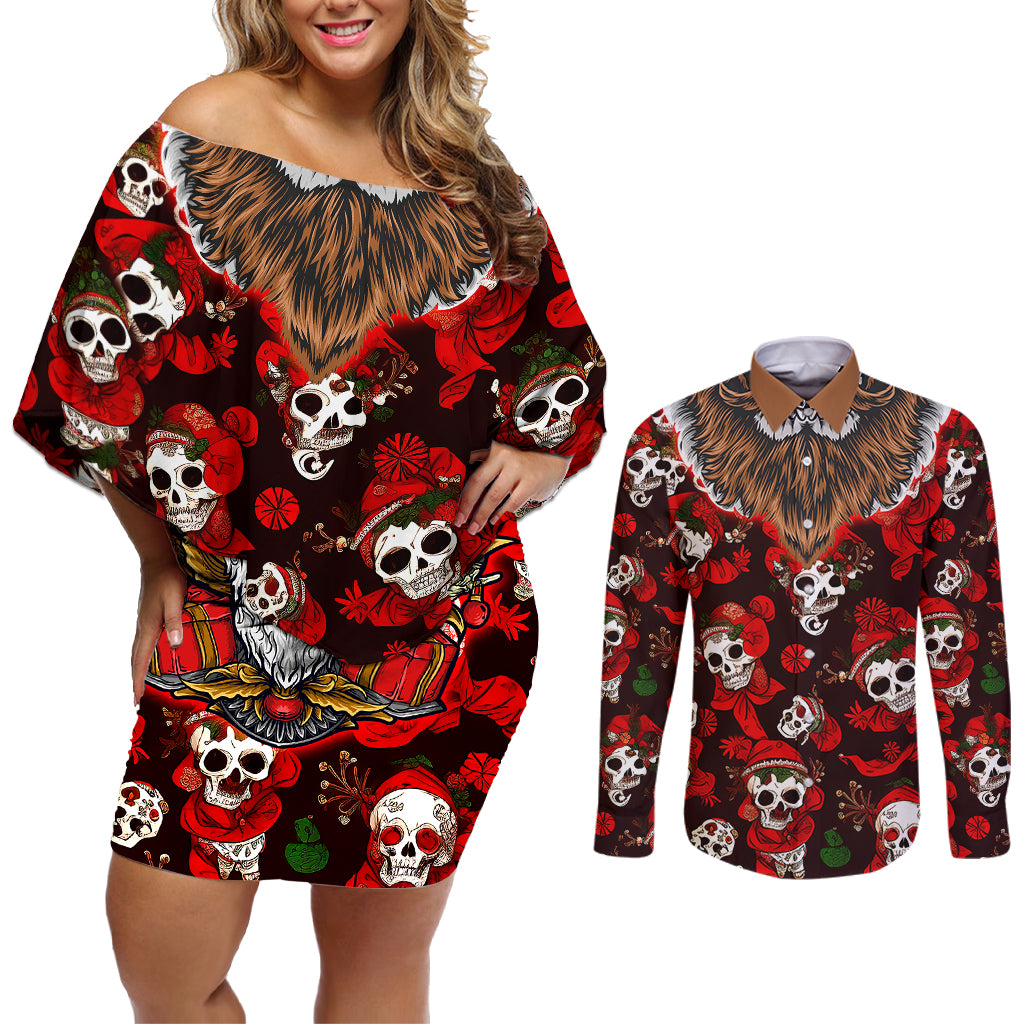Christmas Skull Couples Matching Off Shoulder Short Dress and Long Sleeve Button Shirts When You're Dead Inside But It's Christmas - Wonder Print Shop