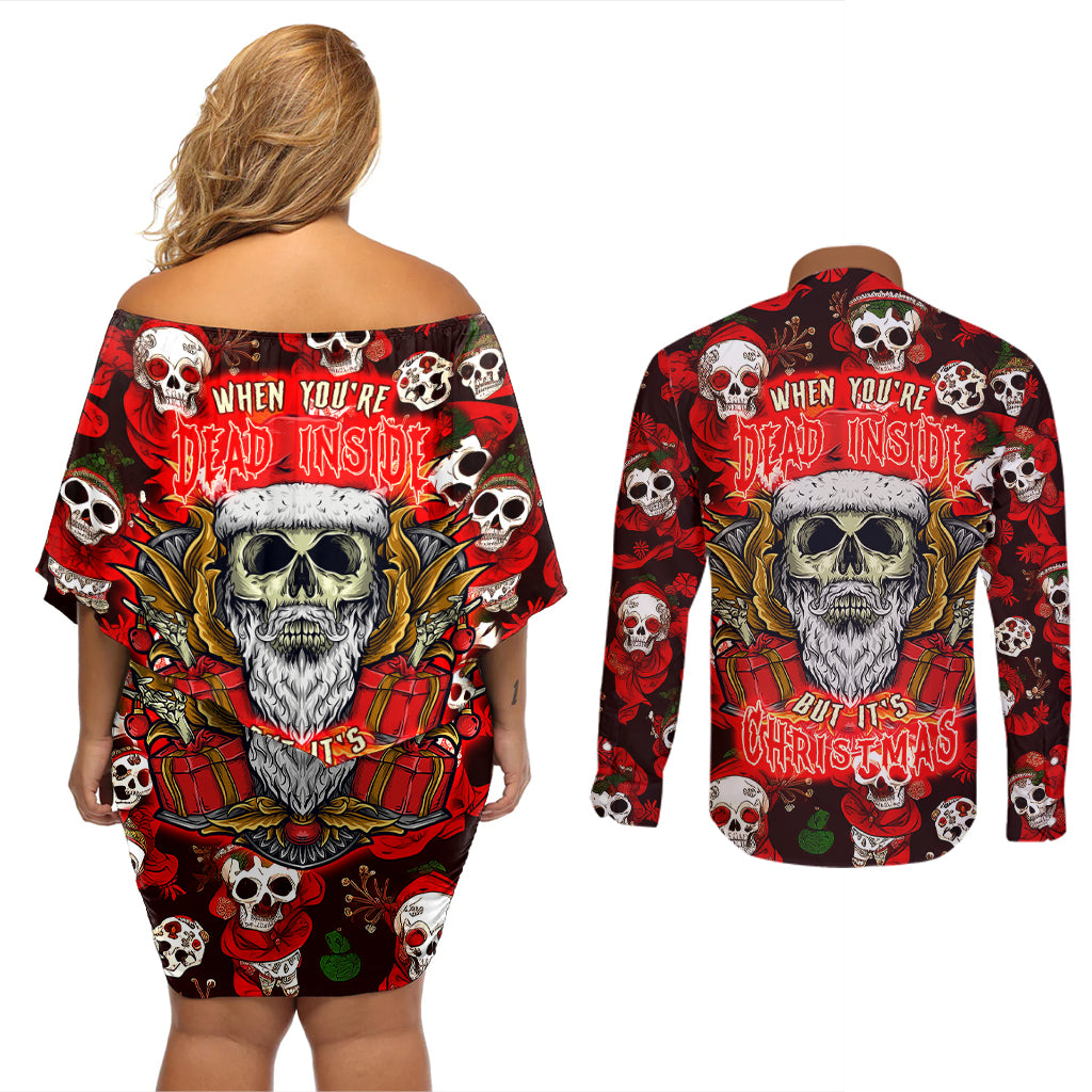 Christmas Skull Couples Matching Off Shoulder Short Dress and Long Sleeve Button Shirts When You're Dead Inside But It's Christmas - Wonder Print Shop