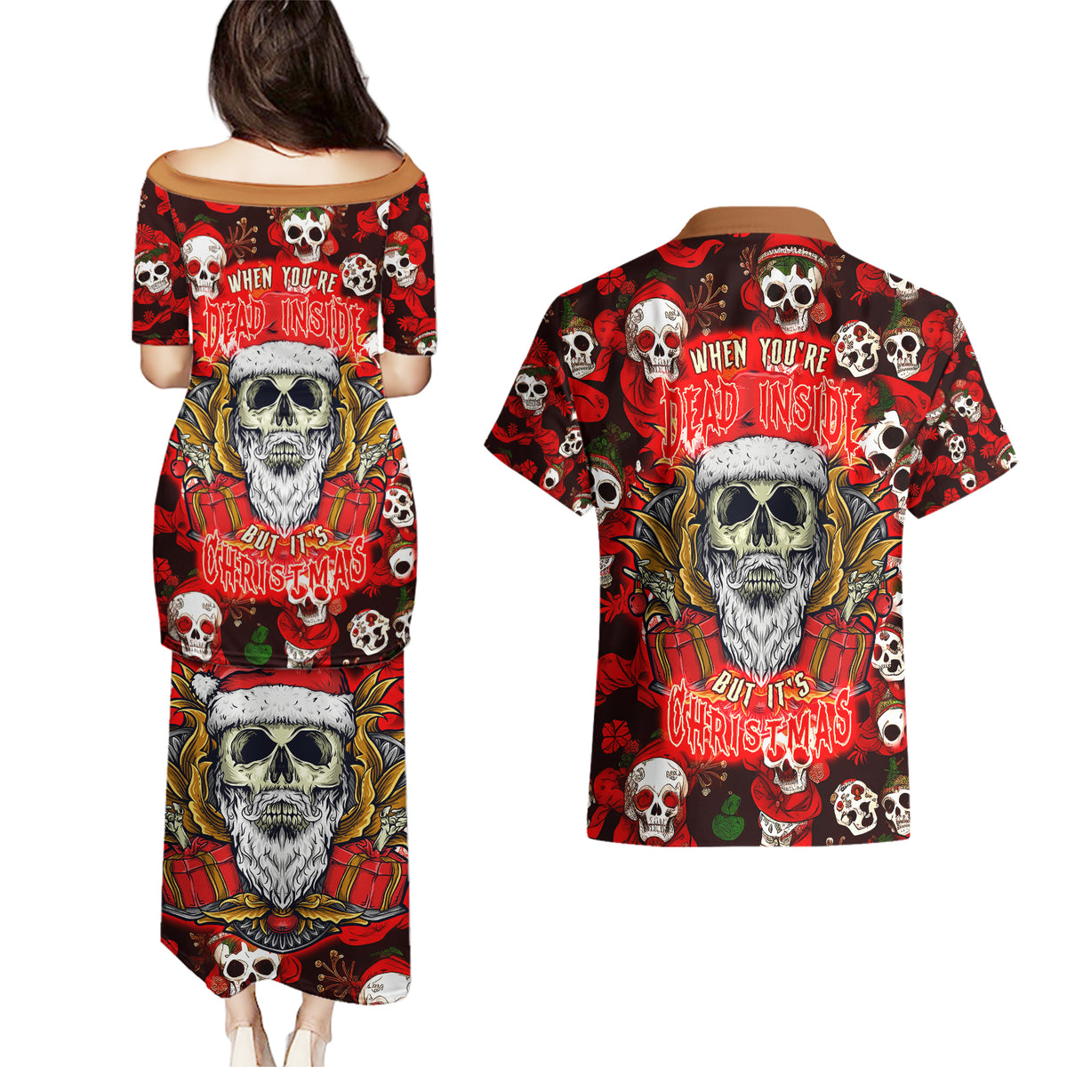 Christmas Skull Couples Matching Puletasi Dress and Hawaiian Shirt When You're Dead Inside But It's Christmas - Wonder Print Shop