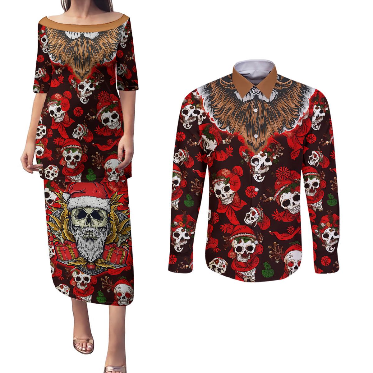 Christmas Skull Couples Matching Puletasi Dress and Long Sleeve Button Shirts When You're Dead Inside But It's Christmas - Wonder Print Shop