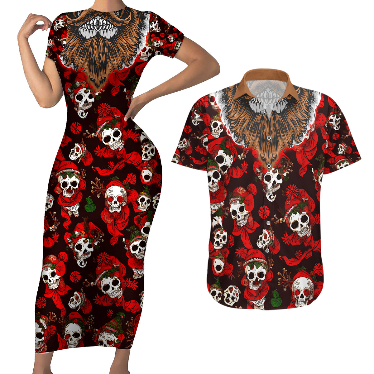 Christmas Skull Couples Matching Short Sleeve Bodycon Dress and Hawaiian Shirt When You're Dead Inside But It's Christmas - Wonder Print Shop