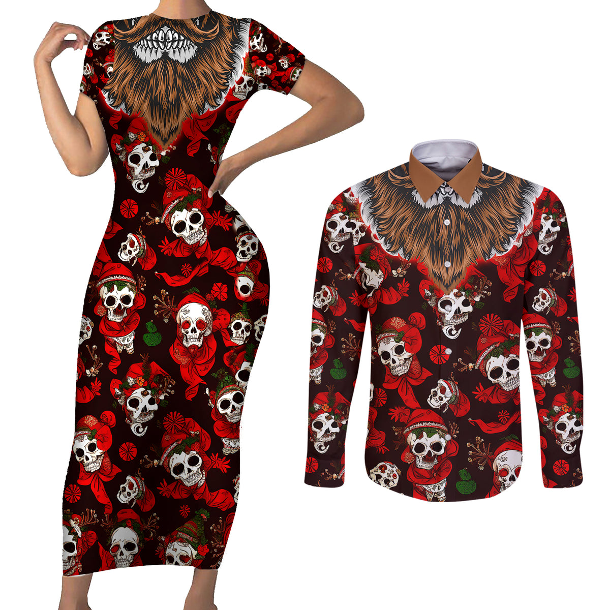 Christmas Skull Couples Matching Short Sleeve Bodycon Dress and Long Sleeve Button Shirts When You're Dead Inside But It's Christmas - Wonder Print Shop