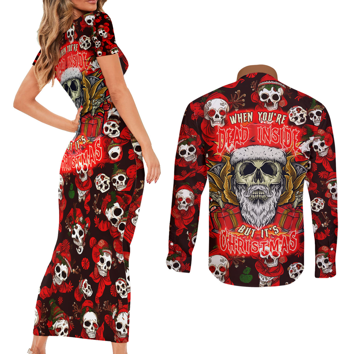 Christmas Skull Couples Matching Short Sleeve Bodycon Dress and Long Sleeve Button Shirts When You're Dead Inside But It's Christmas - Wonder Print Shop