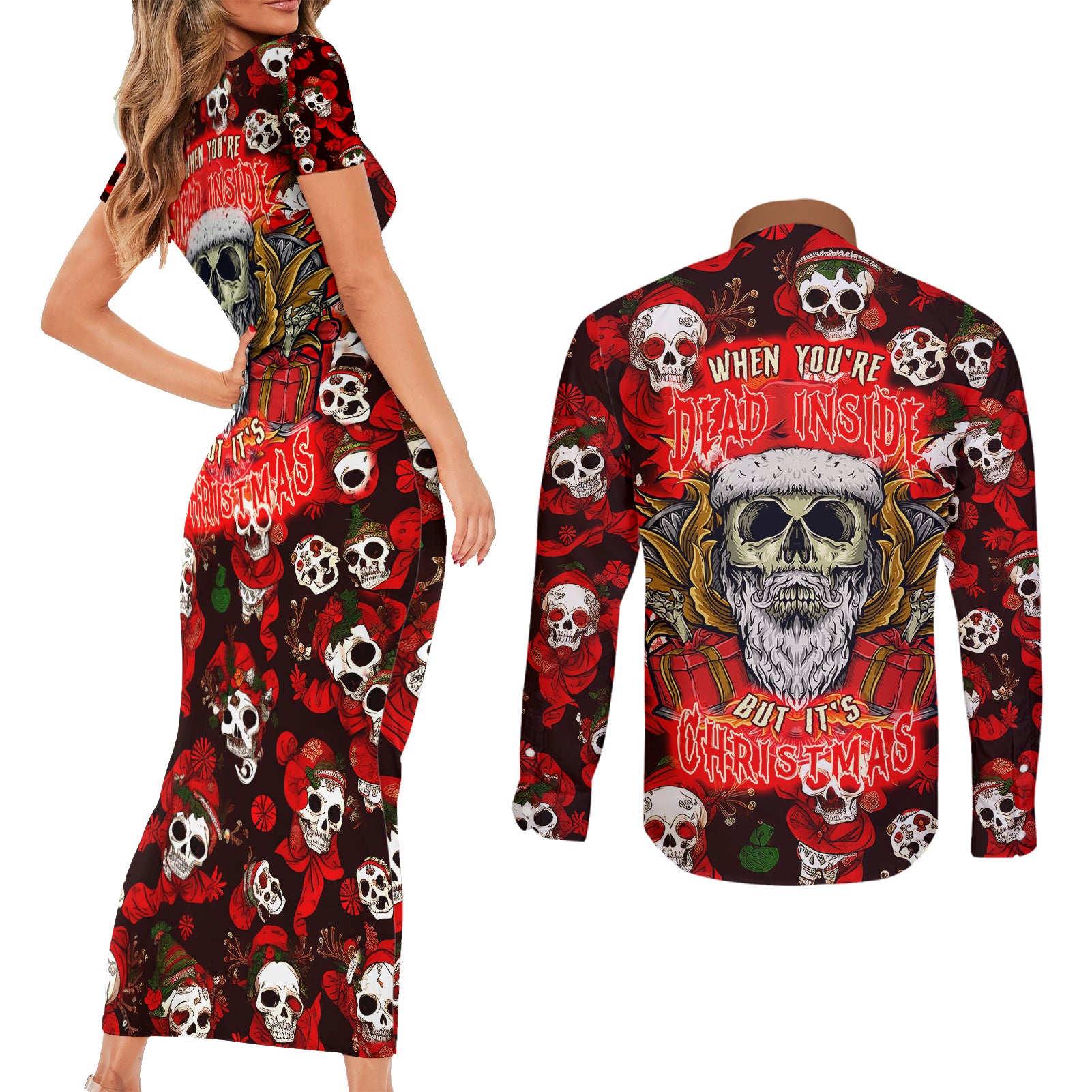 Christmas Skull Couples Matching Short Sleeve Bodycon Dress and Long Sleeve Button Shirts When You're Dead Inside But It's Christmas - Wonder Print Shop