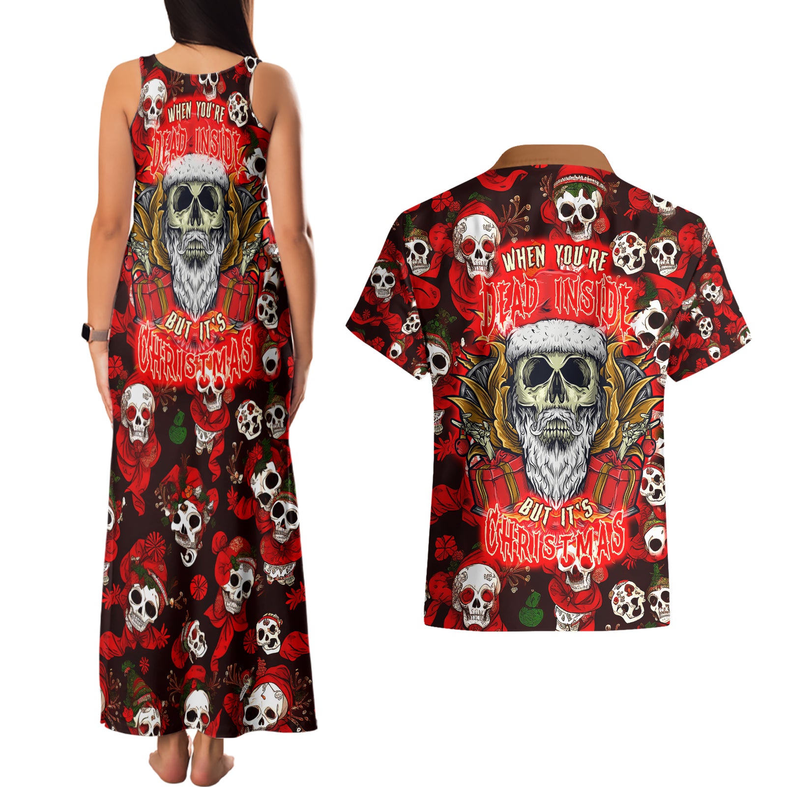 Christmas Skull Couples Matching Tank Maxi Dress and Hawaiian Shirt When You're Dead Inside But It's Christmas - Wonder Print Shop