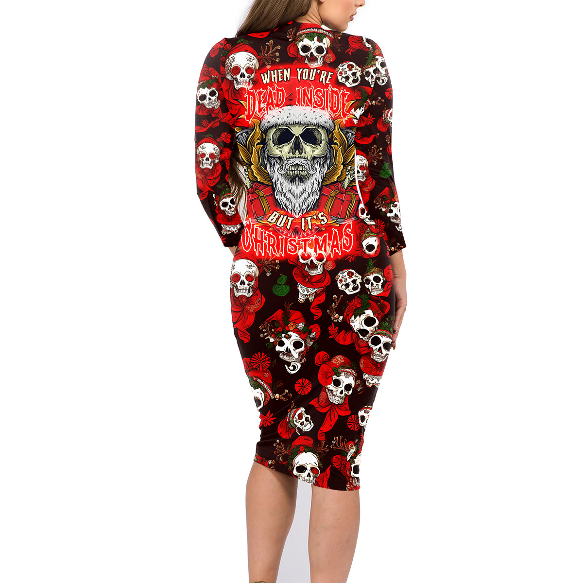 Christmas Skull Family Matching Long Sleeve Bodycon Dress and Hawaiian Shirt When You're Dead Inside But It's Christmas - Wonder Print Shop