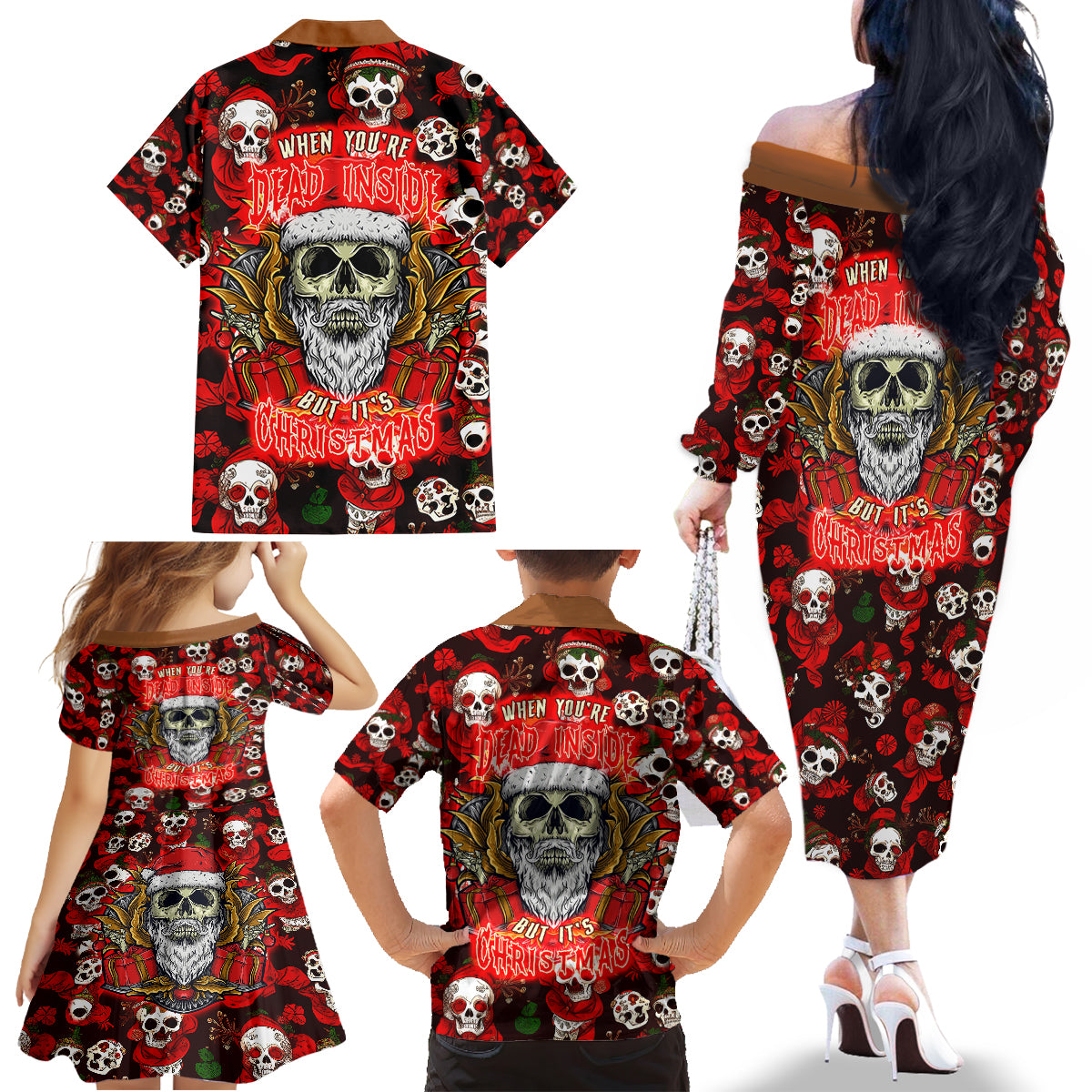 Christmas Skull Family Matching Off Shoulder Long Sleeve Dress and Hawaiian Shirt When You're Dead Inside But It's Christmas - Wonder Print Shop