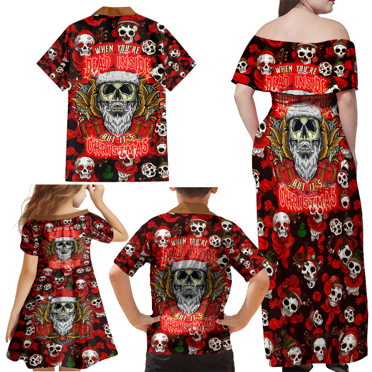 Christmas Skull Family Matching Off Shoulder Maxi Dress and Hawaiian Shirt When You're Dead Inside But It's Christmas - Wonder Print Shop