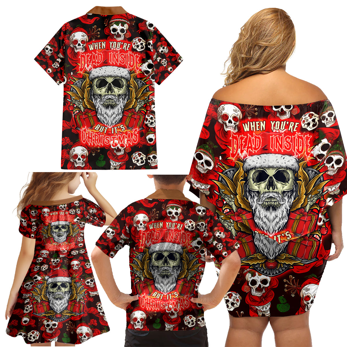 Christmas Skull Family Matching Off Shoulder Short Dress and Hawaiian Shirt When You're Dead Inside But It's Christmas - Wonder Print Shop