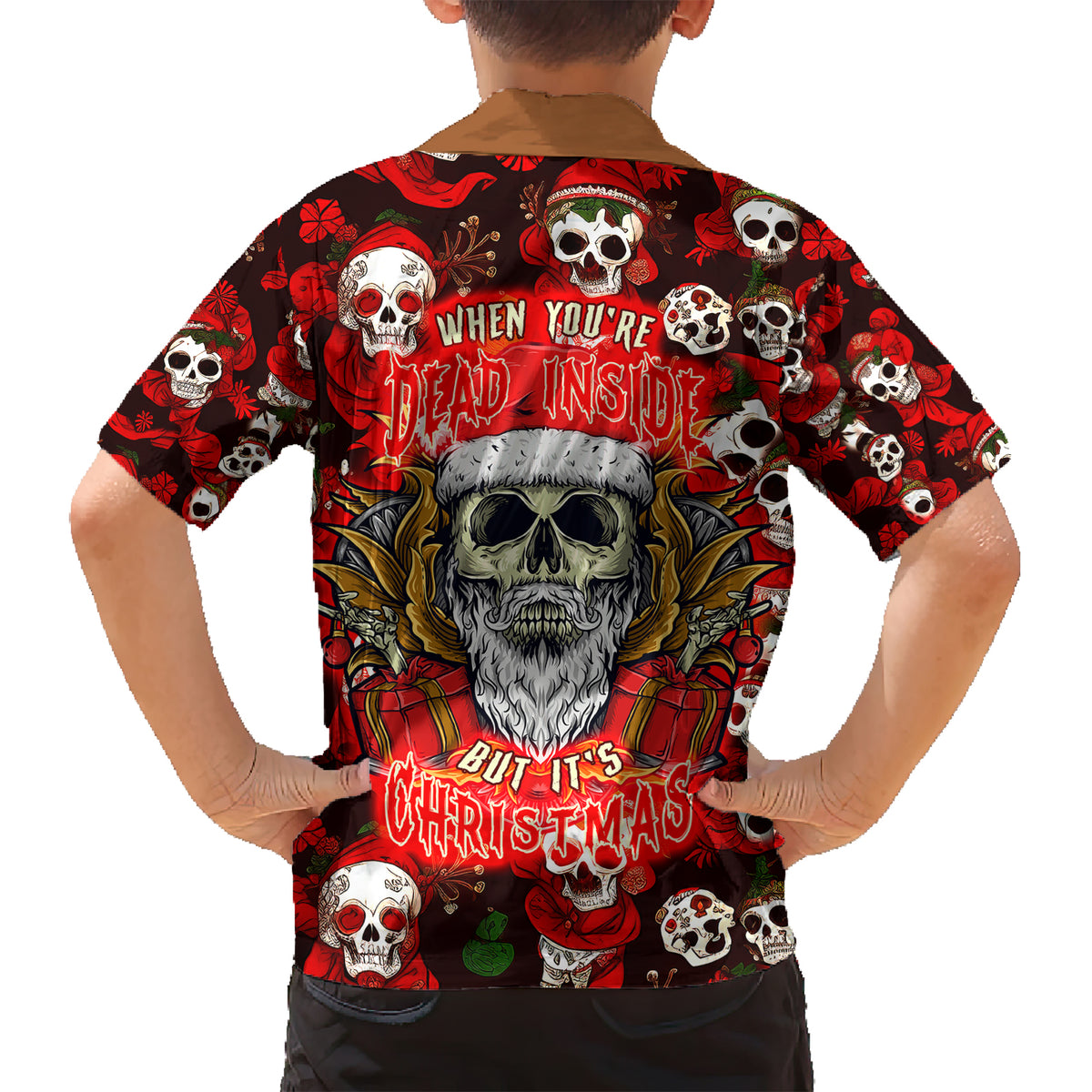 Christmas Skull Family Matching Short Sleeve Bodycon Dress and Hawaiian Shirt When You're Dead Inside But It's Christmas - Wonder Print Shop