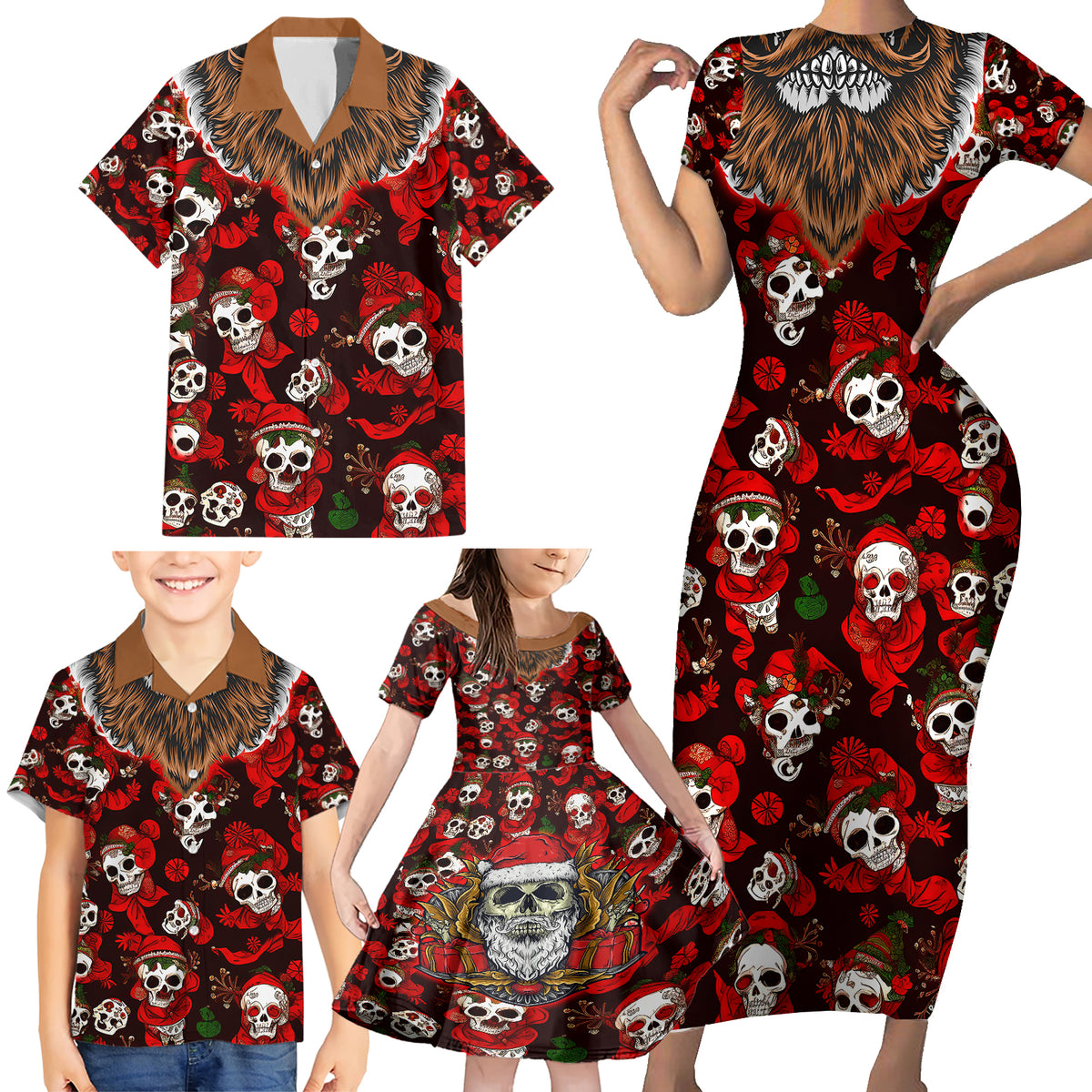 Christmas Skull Family Matching Short Sleeve Bodycon Dress and Hawaiian Shirt When You're Dead Inside But It's Christmas - Wonder Print Shop