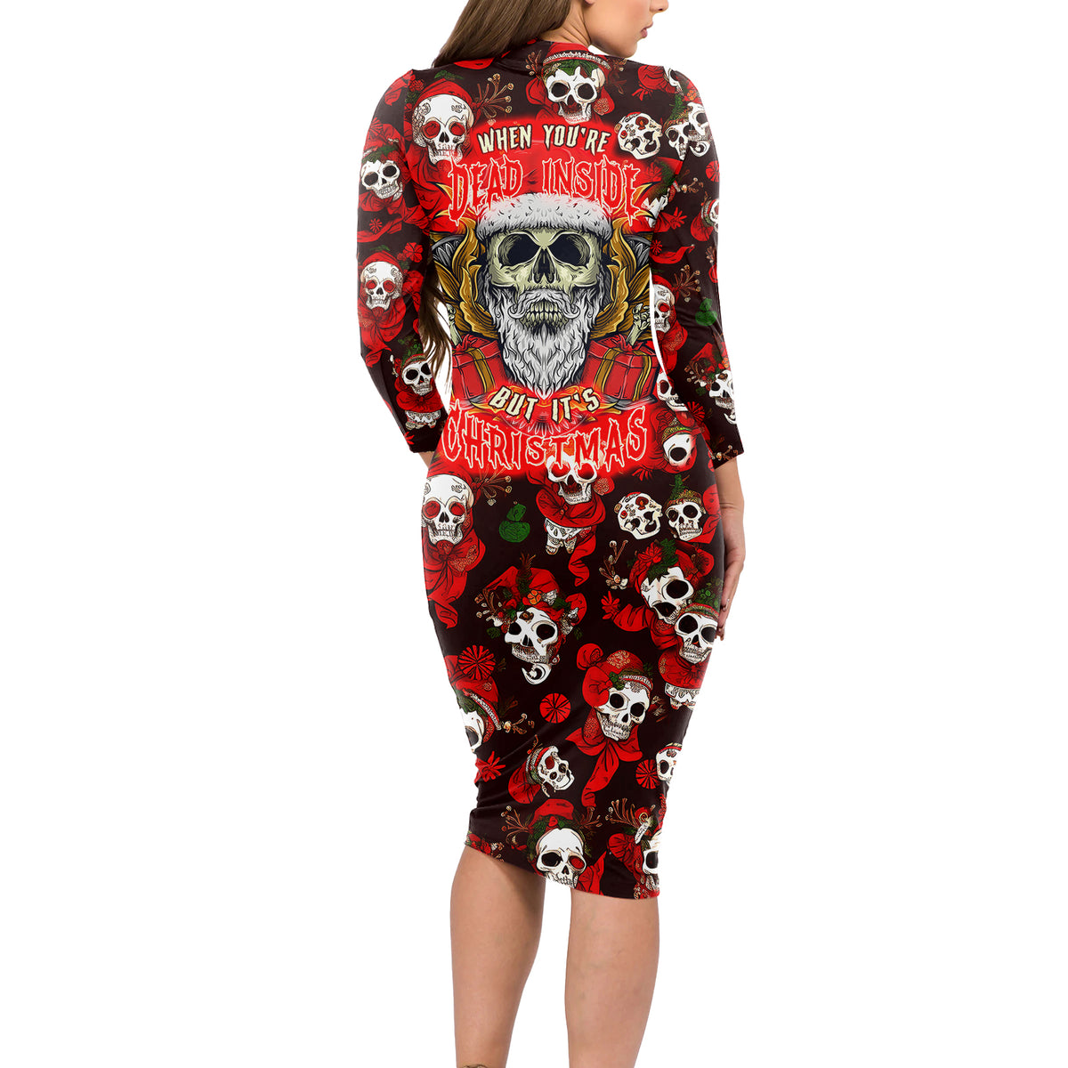 Christmas Skull Long Sleeve Bodycon Dress When You're Dead Inside But It's Christmas - Wonder Print Shop