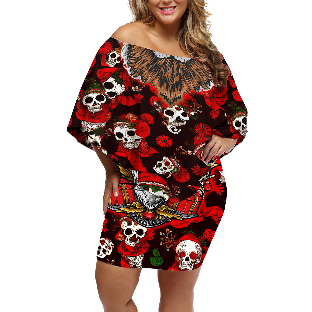 Christmas Skull Off Shoulder Short Dress When You're Dead Inside But It's Christmas - Wonder Print Shop