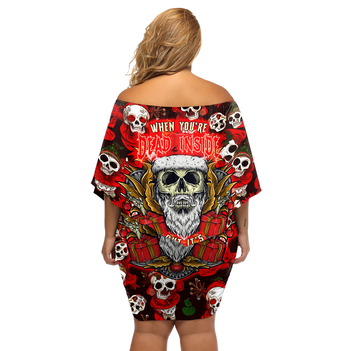 Christmas Skull Off Shoulder Short Dress When You're Dead Inside But It's Christmas - Wonder Print Shop