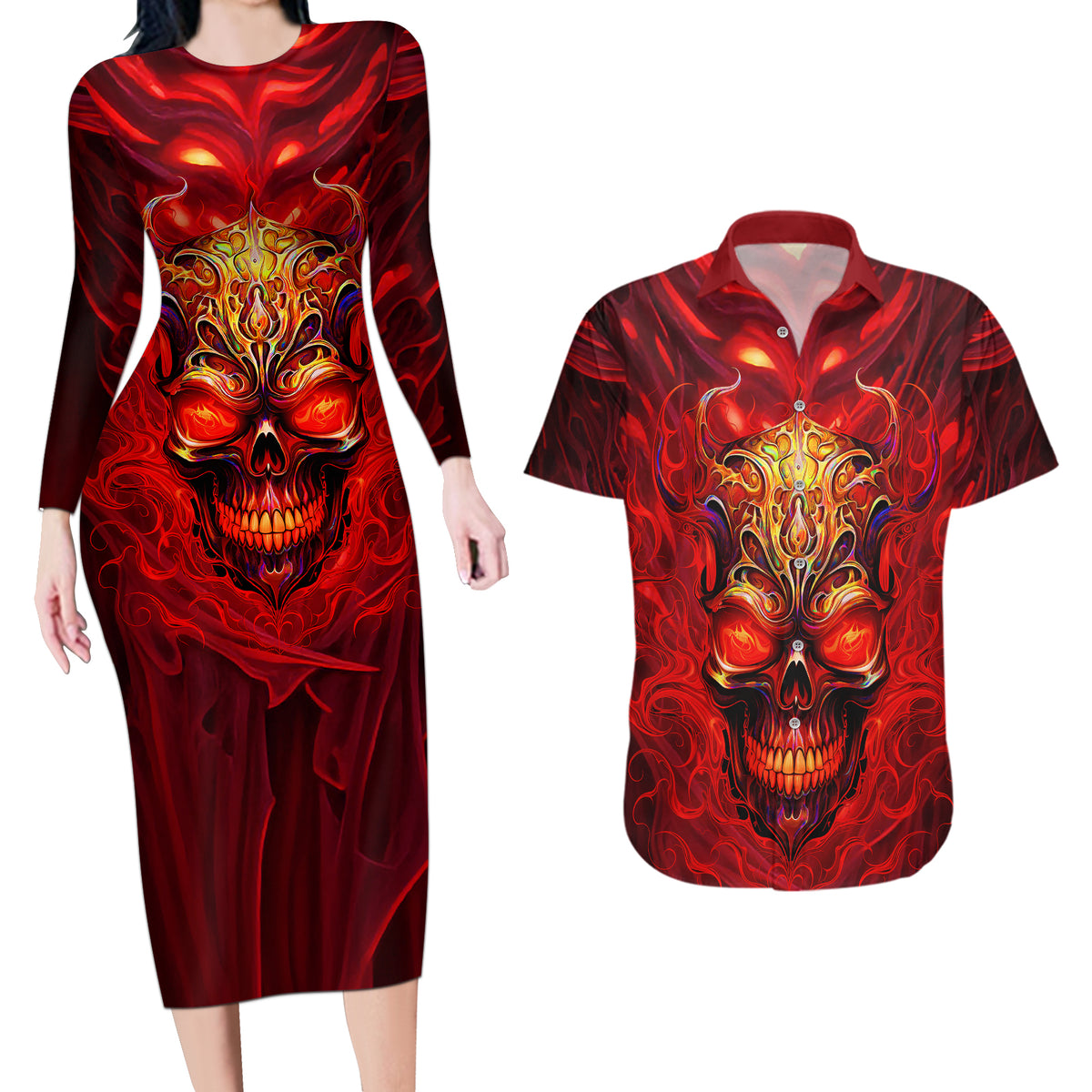 When Is Was Born The Devil Couples Matching Long Sleeve Bodycon Dress and Hawaiian Shirt - Wonder Print Shop
