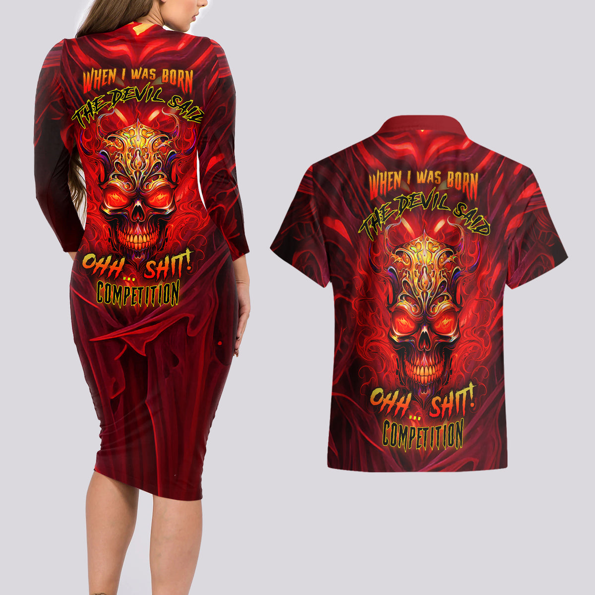 When Is Was Born The Devil Couples Matching Long Sleeve Bodycon Dress and Hawaiian Shirt - Wonder Print Shop