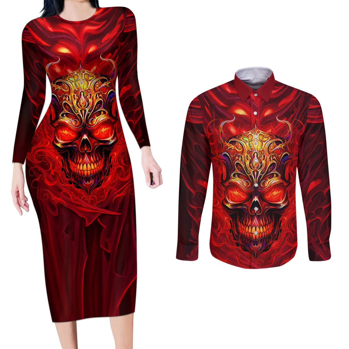 When Is Was Born The Devil Couples Matching Long Sleeve Bodycon Dress and Long Sleeve Button Shirts - Wonder Print Shop