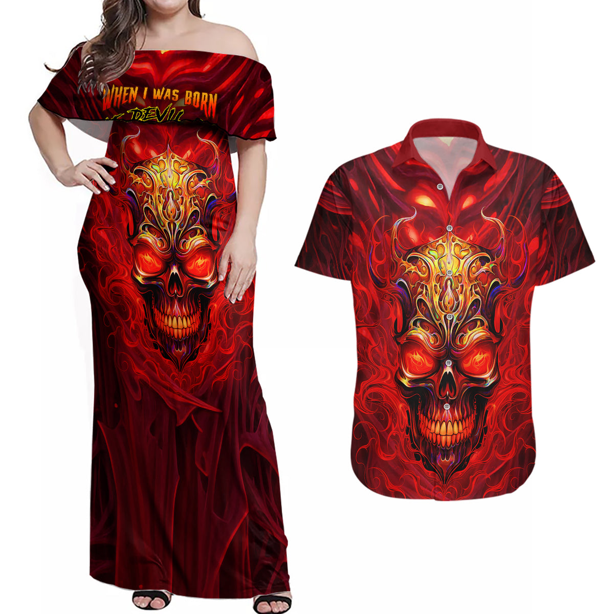 When Is Was Born The Devil Couples Matching Off Shoulder Maxi Dress and Hawaiian Shirt - Wonder Print Shop