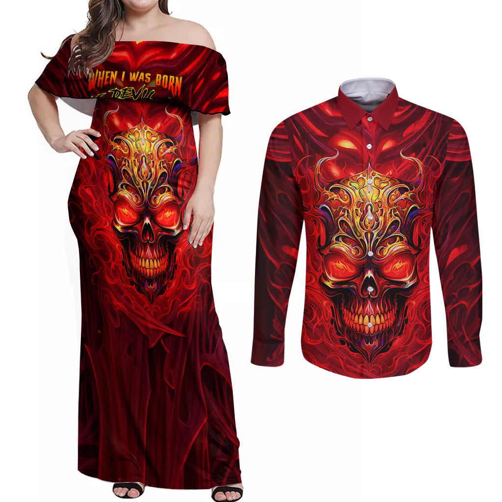 When Is Was Born The Devil Couples Matching Off Shoulder Maxi Dress and Long Sleeve Button Shirts - Wonder Print Shop