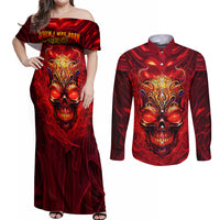When Is Was Born The Devil Couples Matching Off Shoulder Maxi Dress and Long Sleeve Button Shirts - Wonder Print Shop