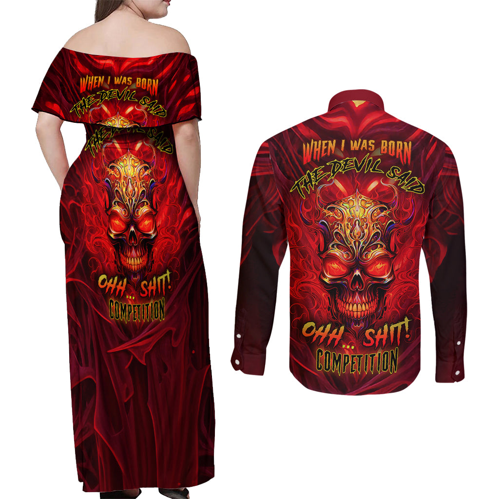 When Is Was Born The Devil Couples Matching Off Shoulder Maxi Dress and Long Sleeve Button Shirts - Wonder Print Shop
