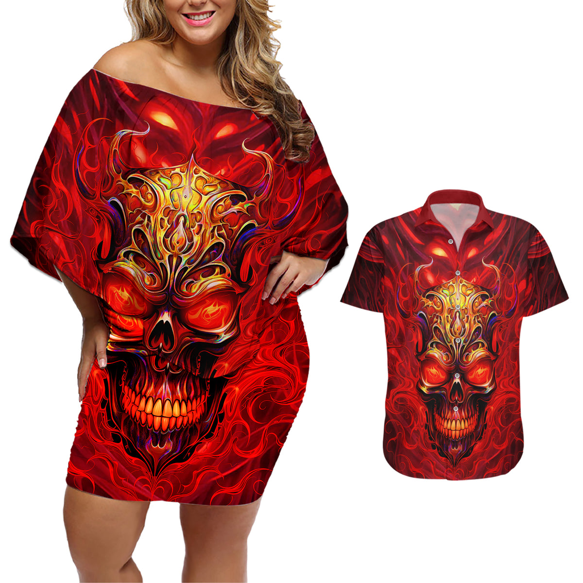 When Is Was Born The Devil Couples Matching Off Shoulder Short Dress and Hawaiian Shirt - Wonder Print Shop
