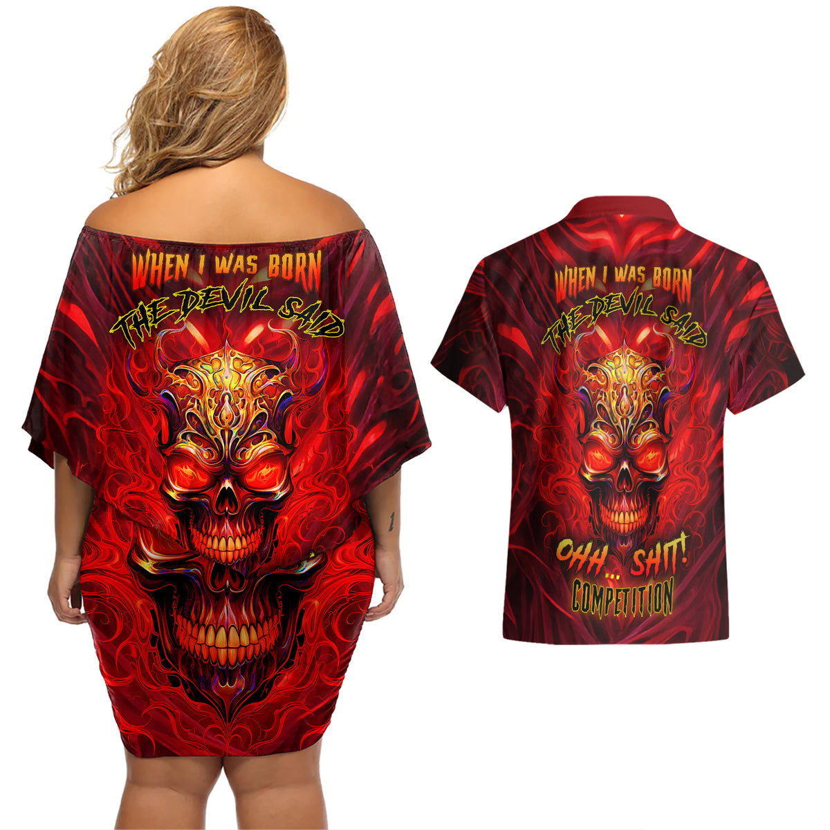 When Is Was Born The Devil Couples Matching Off Shoulder Short Dress and Hawaiian Shirt - Wonder Print Shop