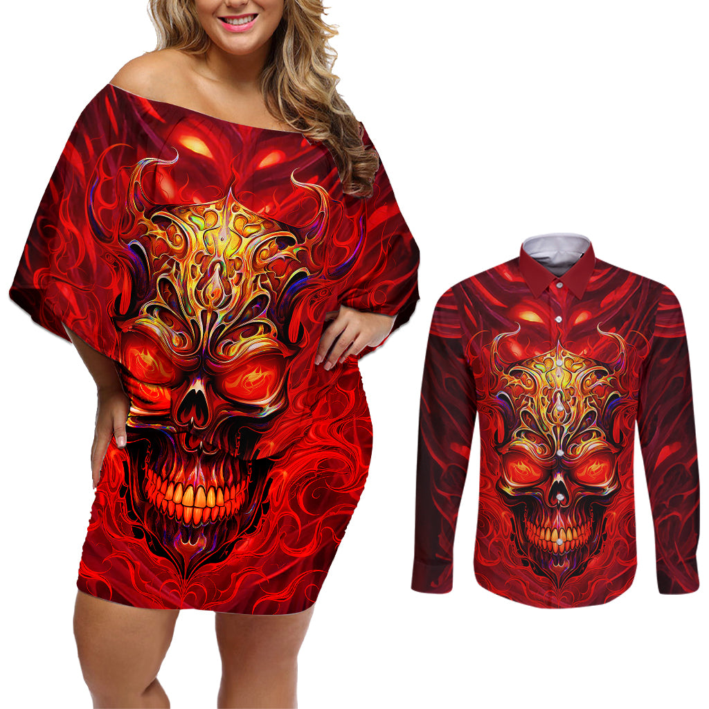 When Is Was Born The Devil Couples Matching Off Shoulder Short Dress and Long Sleeve Button Shirts - Wonder Print Shop
