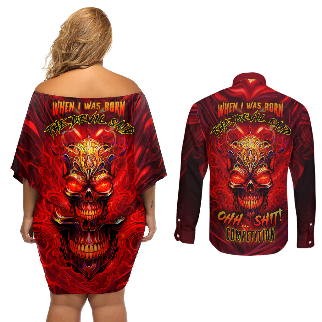 When Is Was Born The Devil Couples Matching Off Shoulder Short Dress and Long Sleeve Button Shirts - Wonder Print Shop