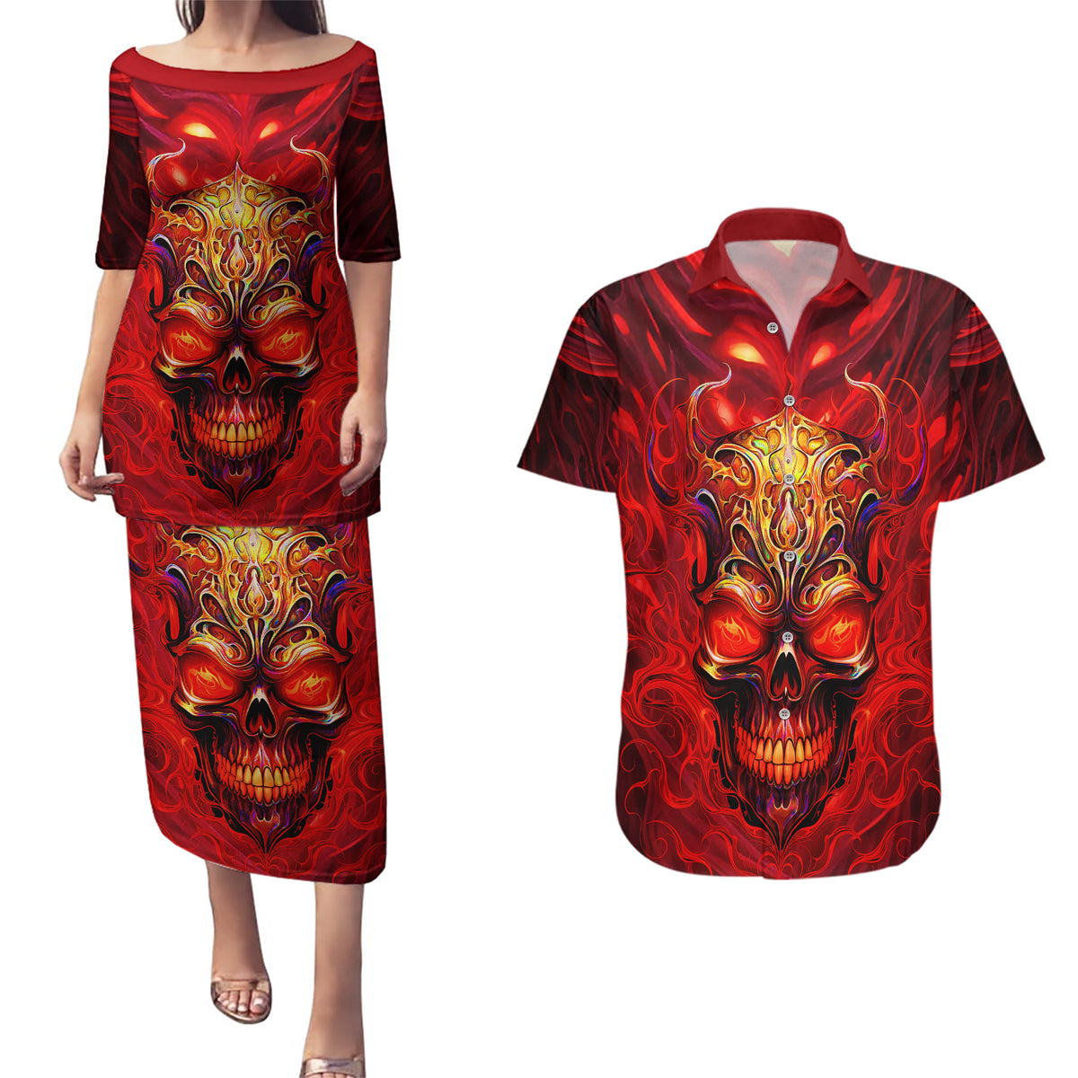 When Is Was Born The Devil Couples Matching Puletasi Dress and Hawaiian Shirt - Wonder Print Shop