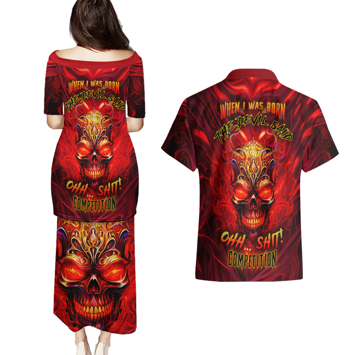 When Is Was Born The Devil Couples Matching Puletasi Dress and Hawaiian Shirt - Wonder Print Shop
