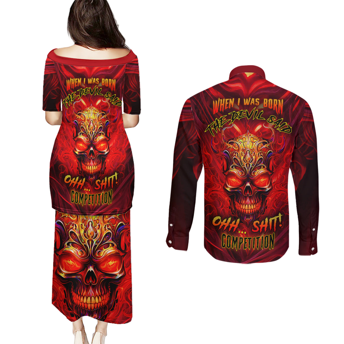 When Is Was Born The Devil Couples Matching Puletasi Dress and Long Sleeve Button Shirts - Wonder Print Shop