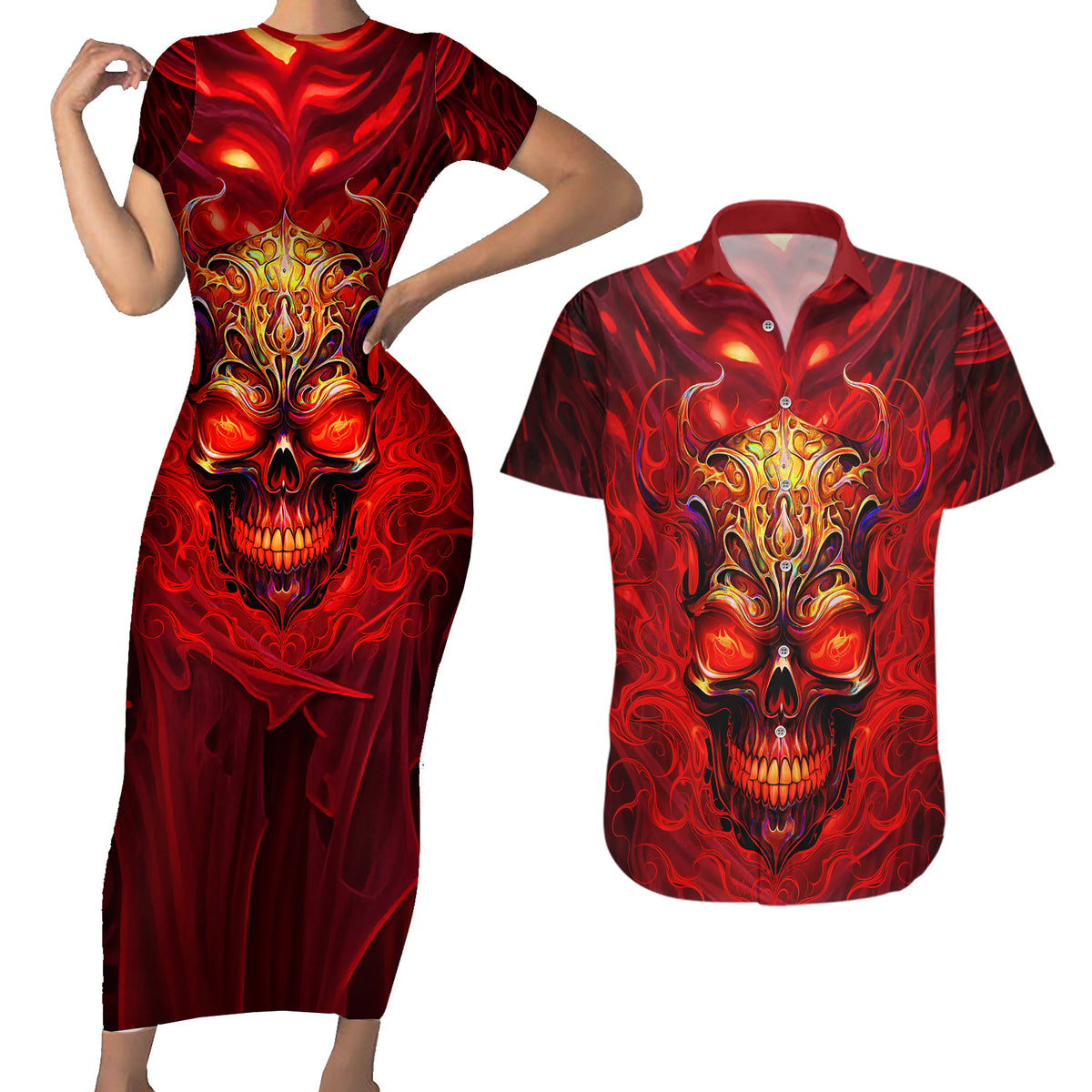 When Is Was Born The Devil Couples Matching Short Sleeve Bodycon Dress and Hawaiian Shirt - Wonder Print Shop