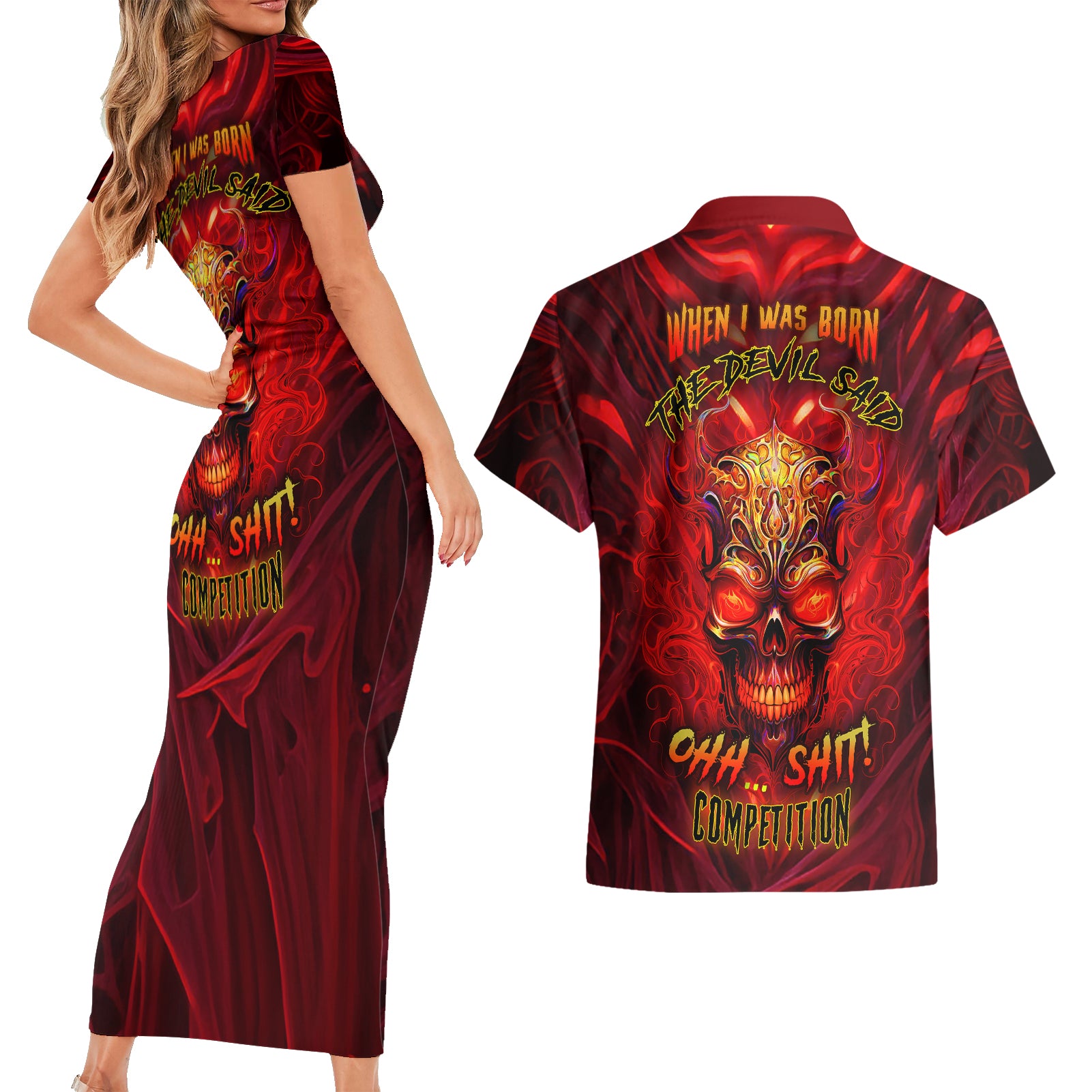 When Is Was Born The Devil Couples Matching Short Sleeve Bodycon Dress and Hawaiian Shirt - Wonder Print Shop