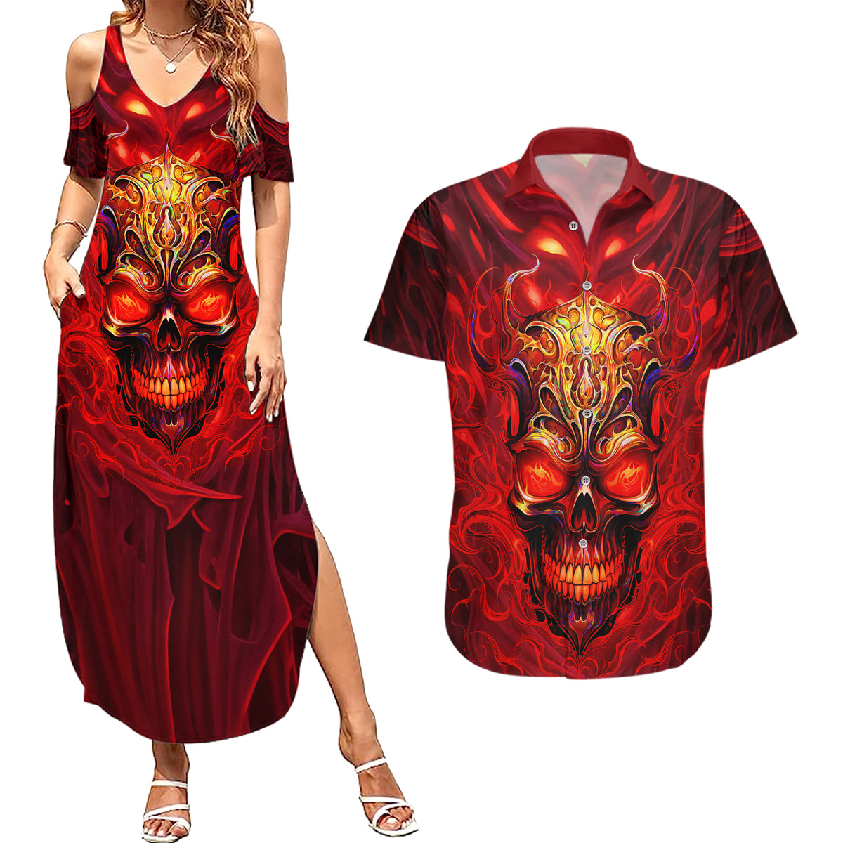 When Is Was Born The Devil Couples Matching Summer Maxi Dress and Hawaiian Shirt - Wonder Print Shop