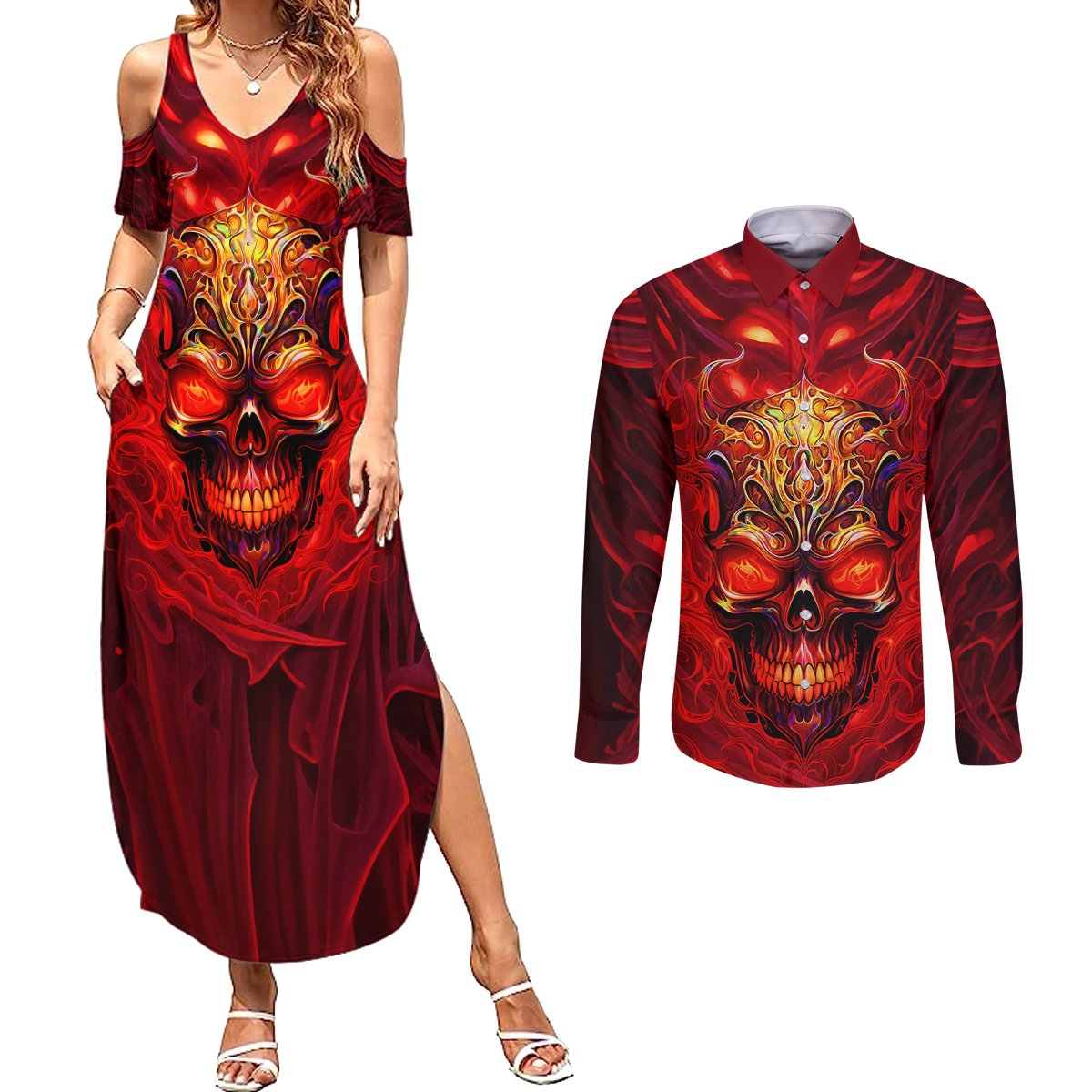 When Is Was Born The Devil Couples Matching Summer Maxi Dress and Long Sleeve Button Shirts - Wonder Print Shop