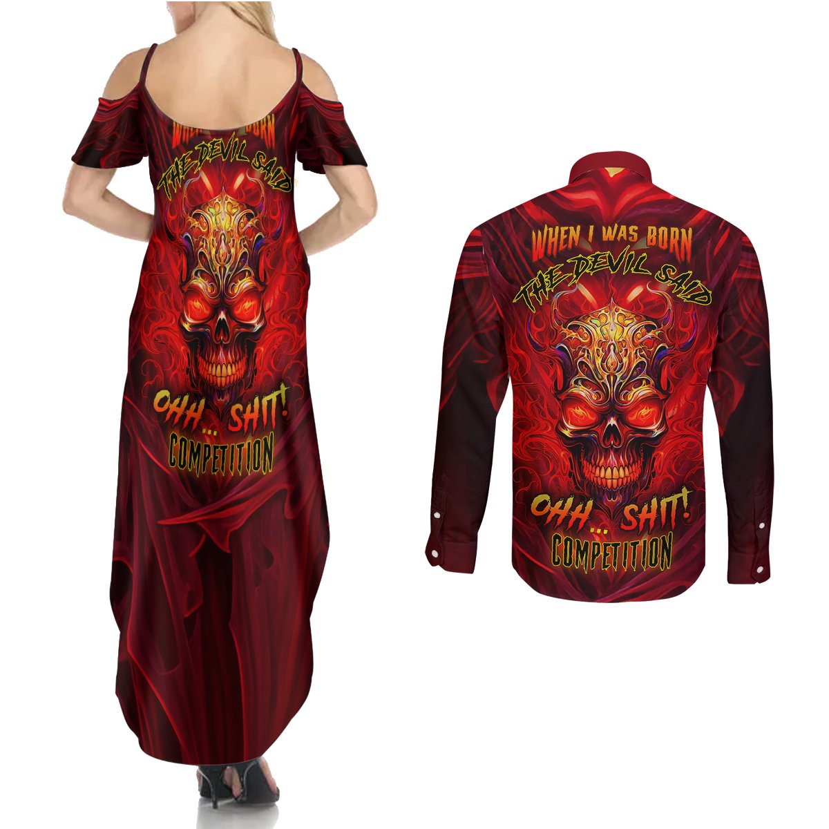 When Is Was Born The Devil Couples Matching Summer Maxi Dress and Long Sleeve Button Shirts - Wonder Print Shop