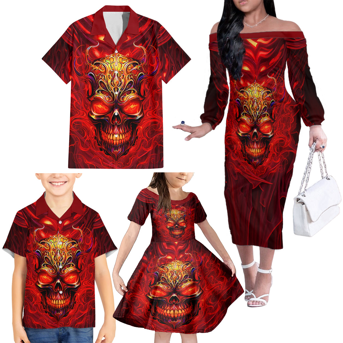 When Is Was Born The Devil Family Matching Off Shoulder Long Sleeve Dress and Hawaiian Shirt - Wonder Print Shop