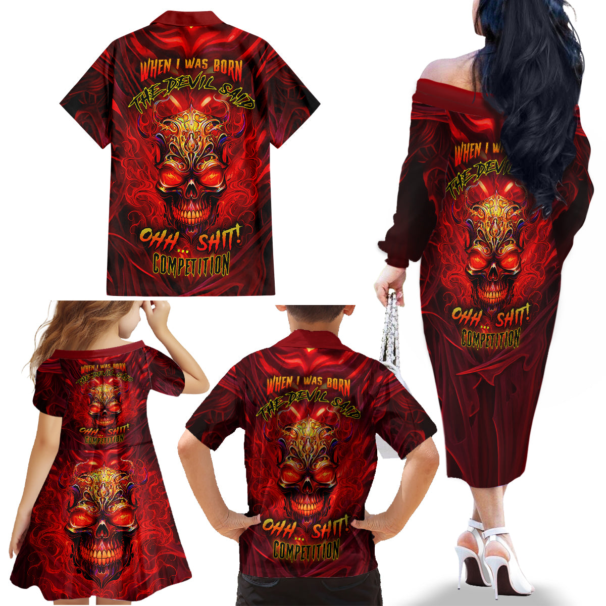 When Is Was Born The Devil Family Matching Off Shoulder Long Sleeve Dress and Hawaiian Shirt - Wonder Print Shop