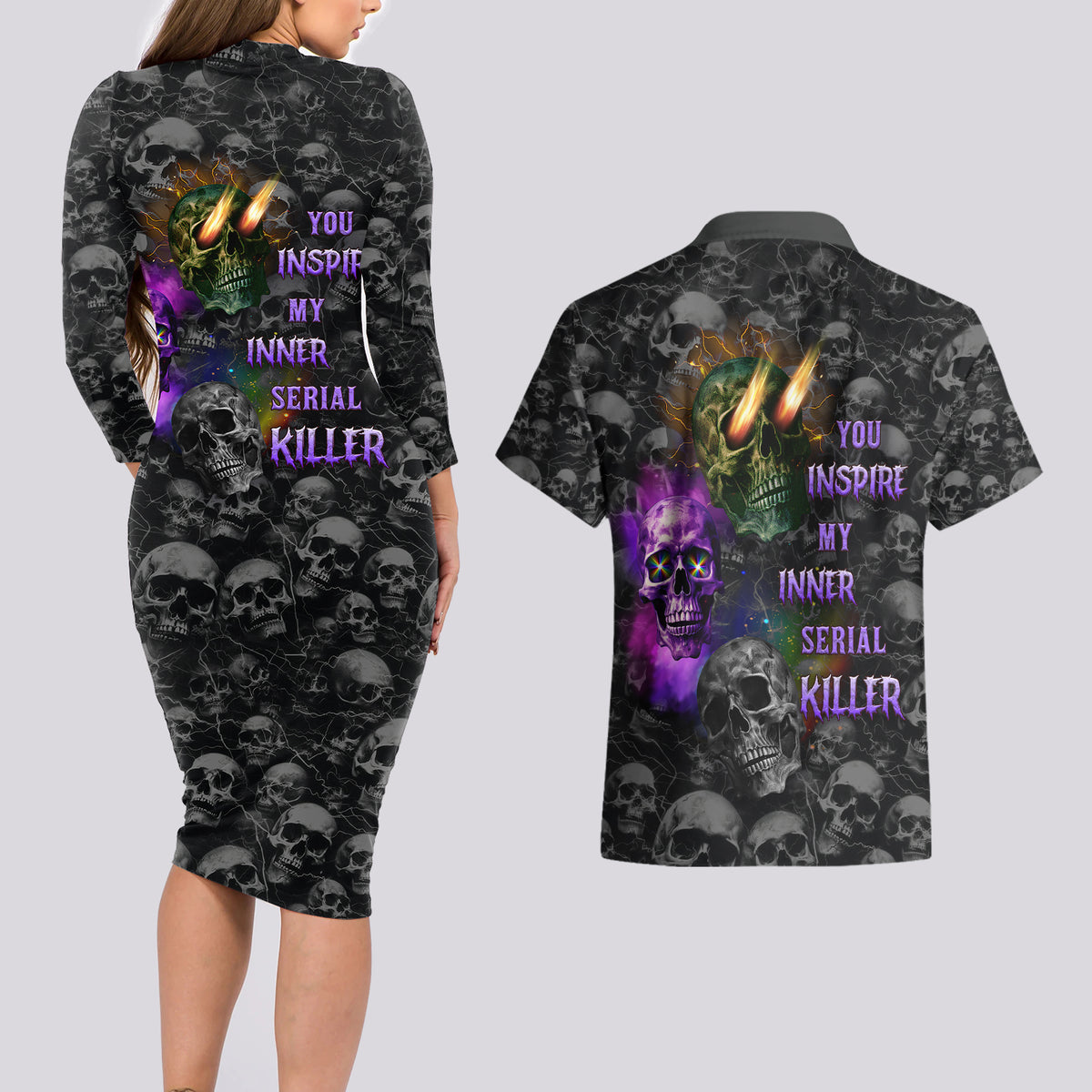 You Inspire My Inner Serial Killer Couples Matching Long Sleeve Bodycon Dress and Hawaiian Shirt - Wonder Print Shop