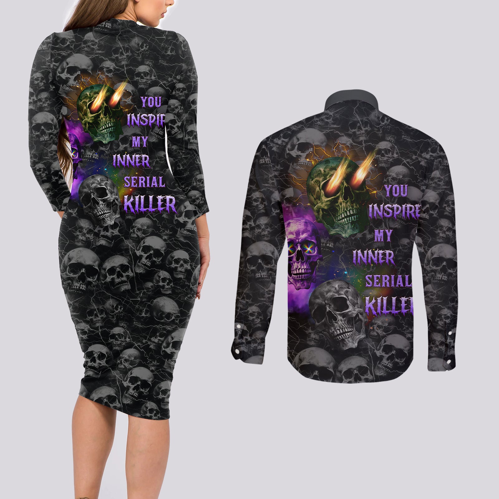 You Inspire My Inner Serial Killer Couples Matching Long Sleeve Bodycon Dress and Long Sleeve Button Shirts - Wonder Print Shop