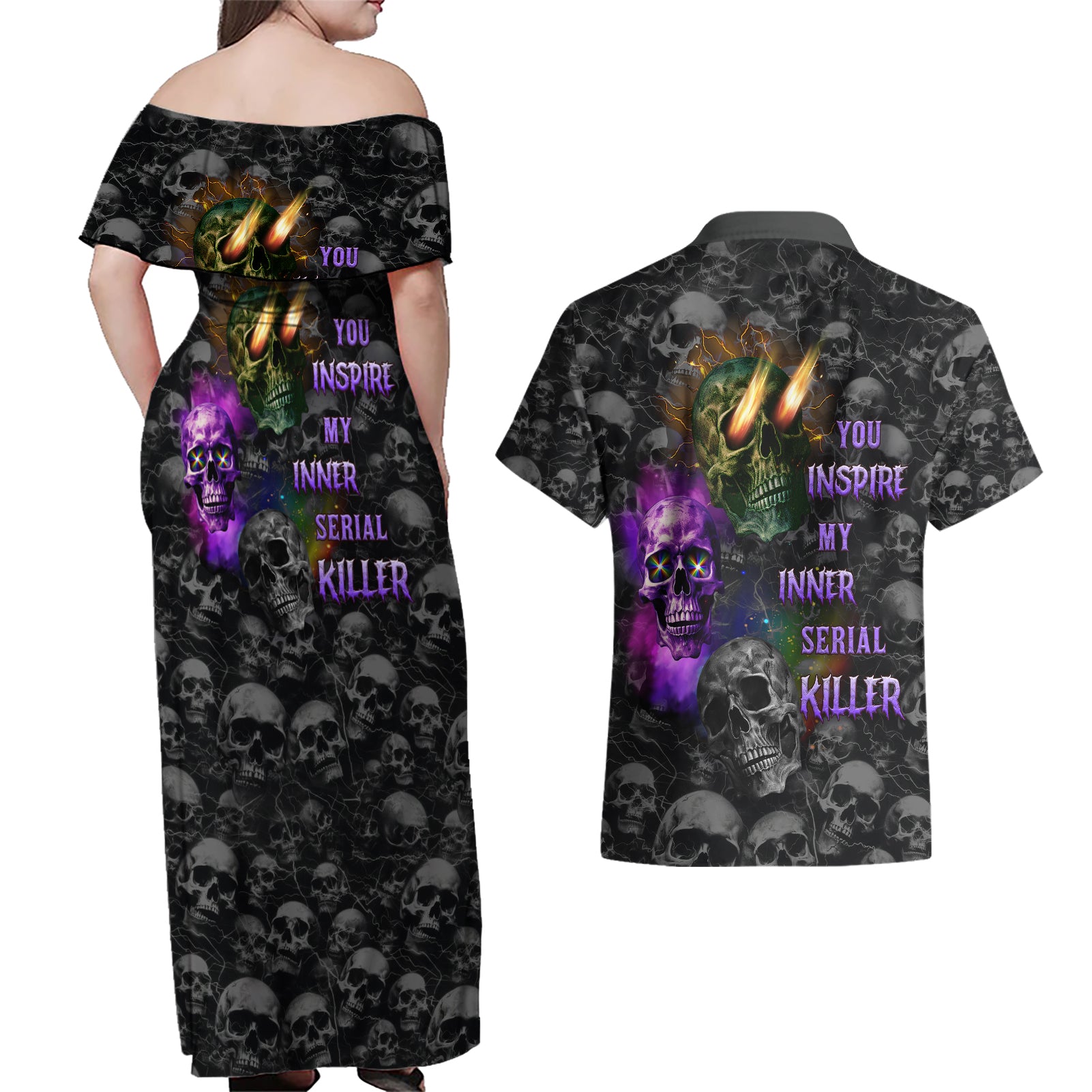 You Inspire My Inner Serial Killer Couples Matching Off Shoulder Maxi Dress and Hawaiian Shirt - Wonder Print Shop