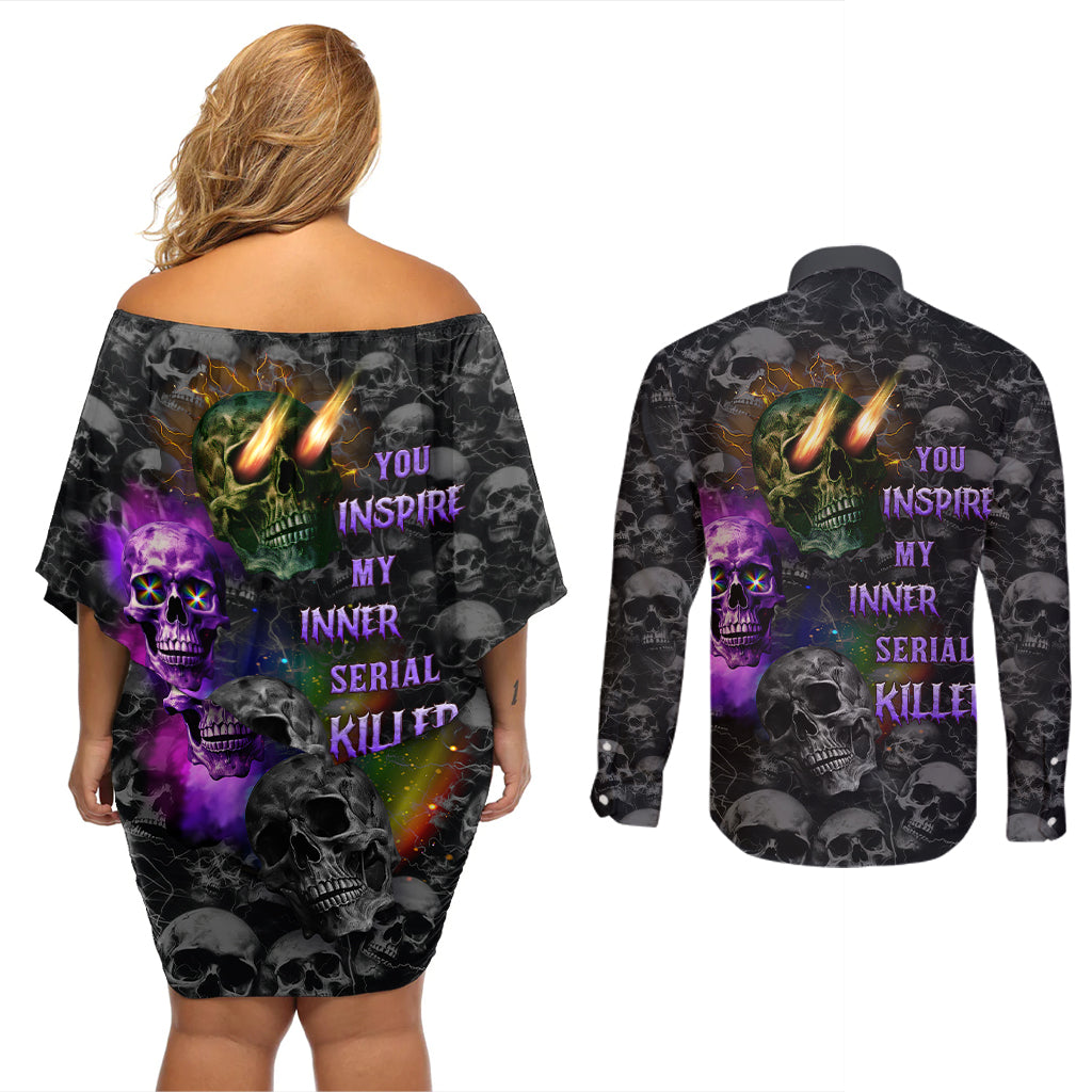 You Inspire My Inner Serial Killer Couples Matching Off Shoulder Short Dress and Long Sleeve Button Shirts - Wonder Print Shop