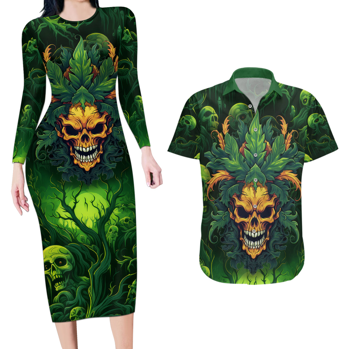 I Can't Go To Hell The Devil Still Has A Restraining Order Against Me Couples Matching Long Sleeve Bodycon Dress and Hawaiian Shirt - Wonder Print Shop