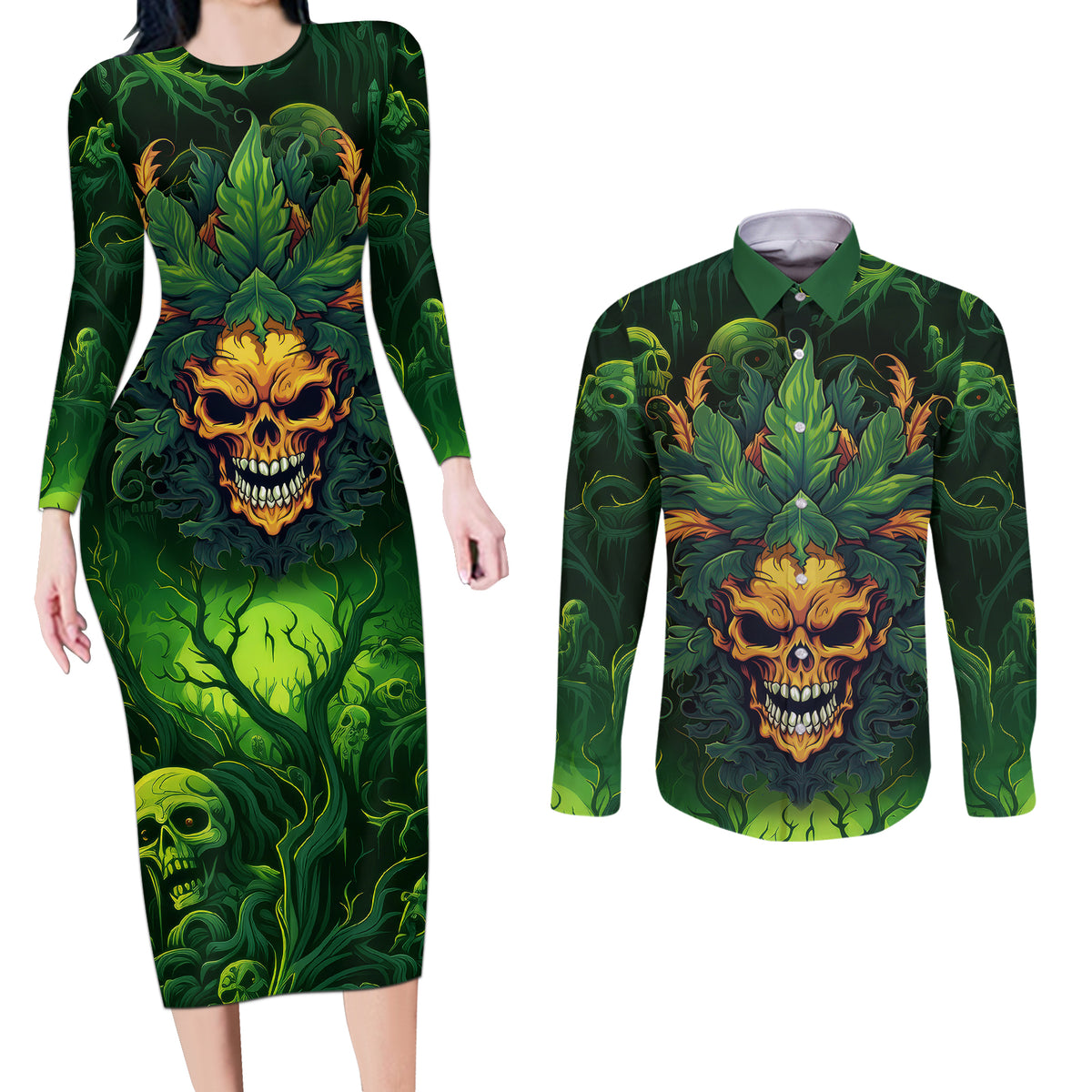 I Can't Go To Hell The Devil Still Has A Restraining Order Against Me Couples Matching Long Sleeve Bodycon Dress and Long Sleeve Button Shirts - Wonder Print Shop